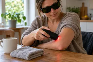 Kvinde med mørke beskyttelsesbriller holder en lille sort håndholdt laser mod underarmen lige under albuen, hvor et lille rødt lyspunkt ses, ved et køkkenbord