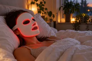Kvinde ligger afslappet i en seng med en hvid LED-maske, der lyser blødt rødt og har mørke øjenbeskyttere, i et lunt soveværelse om aftenen
