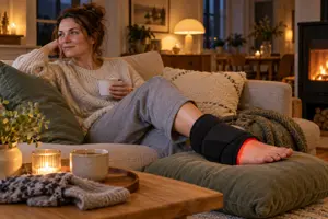 Kvinde slapper af i en sofa med benet oppe på en pude og en sort wrap om anklen, der lyser rødt ved kanten, i en lun stue med stearinlys