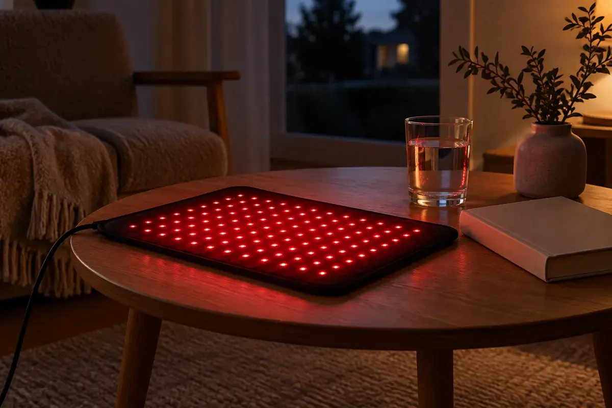 Sort, fleksibel lysterapi-pad med et gitter af røde LED-lys på et træbord i en dunkel stue, ved siden af et glas vand og en bog