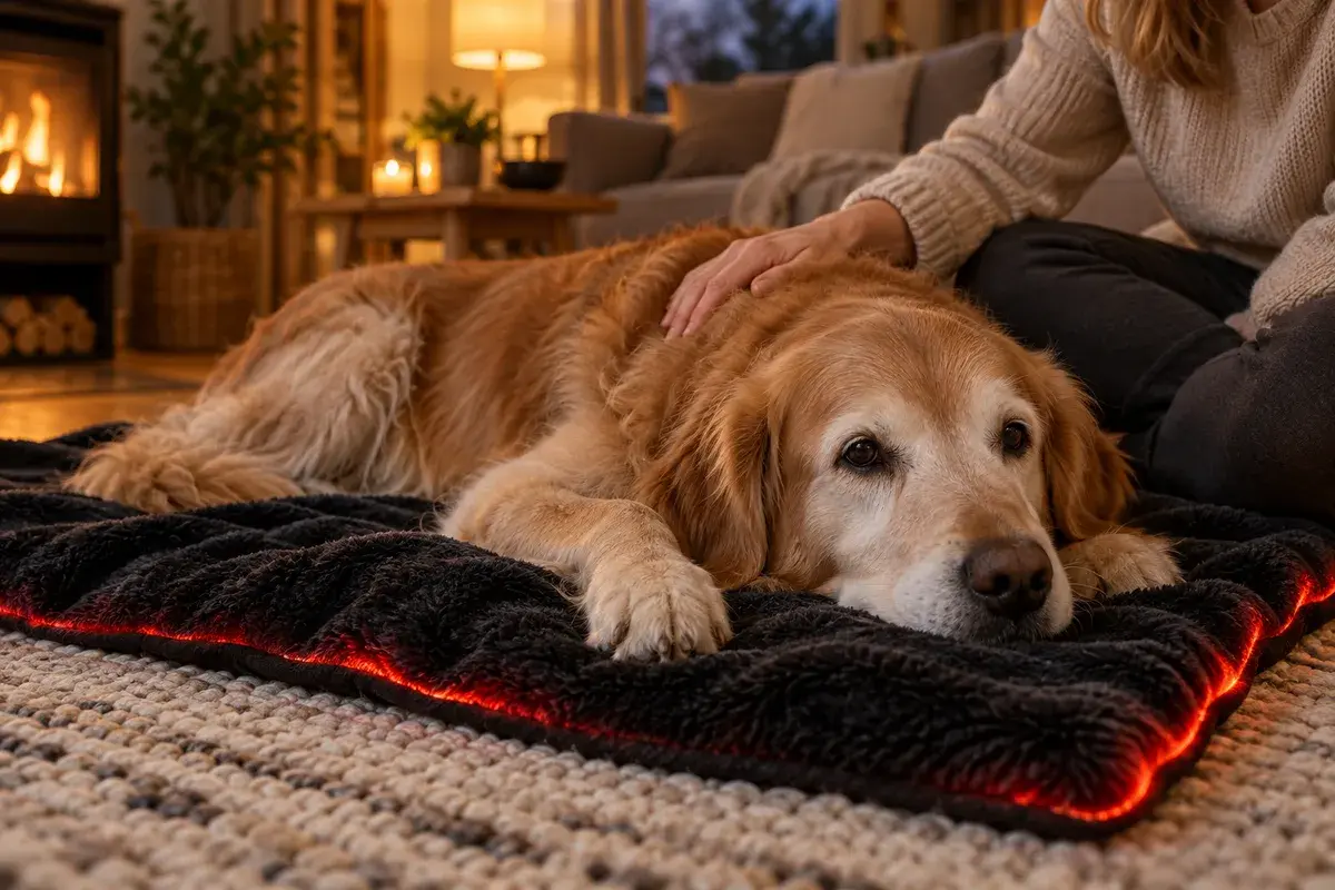 Ældre golden retriever ligger på et sort tæppe med en svag rød glød langs kanten, mens ejerens hånd hviler på dens ryg i en hyggelig stue