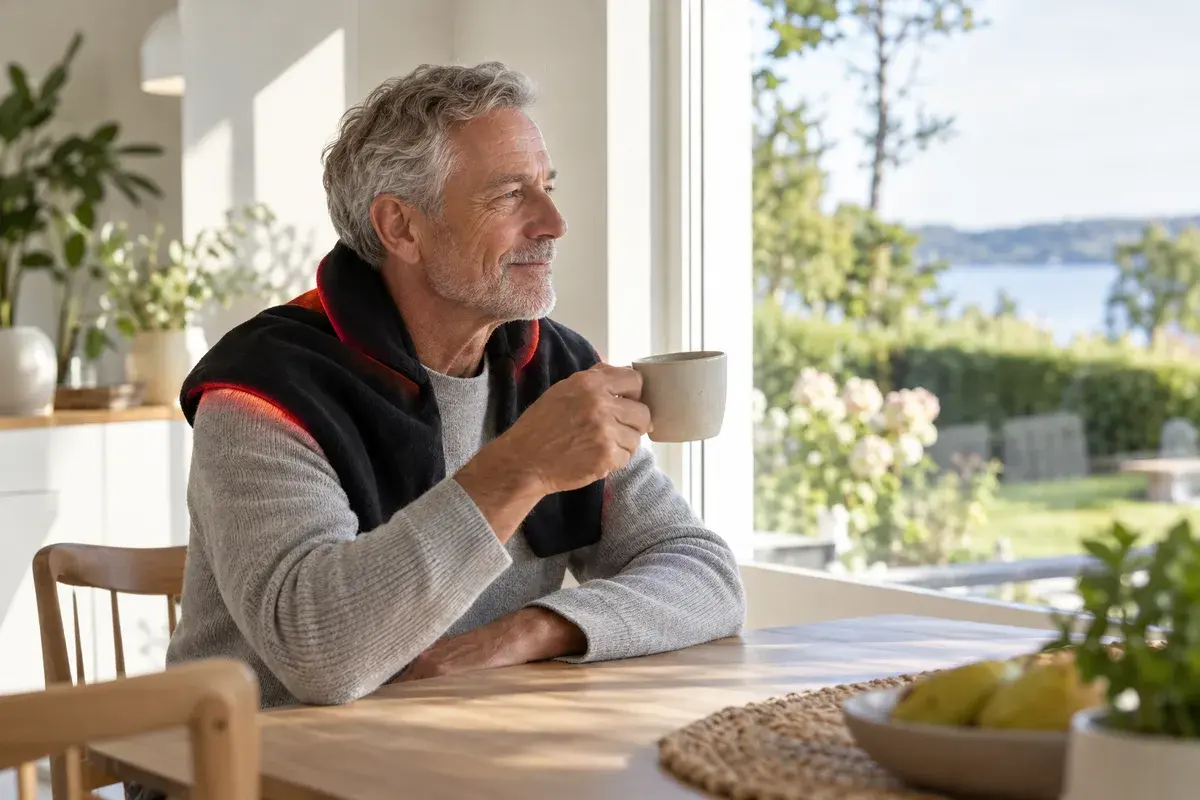 Ældre mand sidder ved et spisebord i dagslys med en kop kaffe og en sort wrap over nakke og skuldre, der lyser svagt rødt i kanten